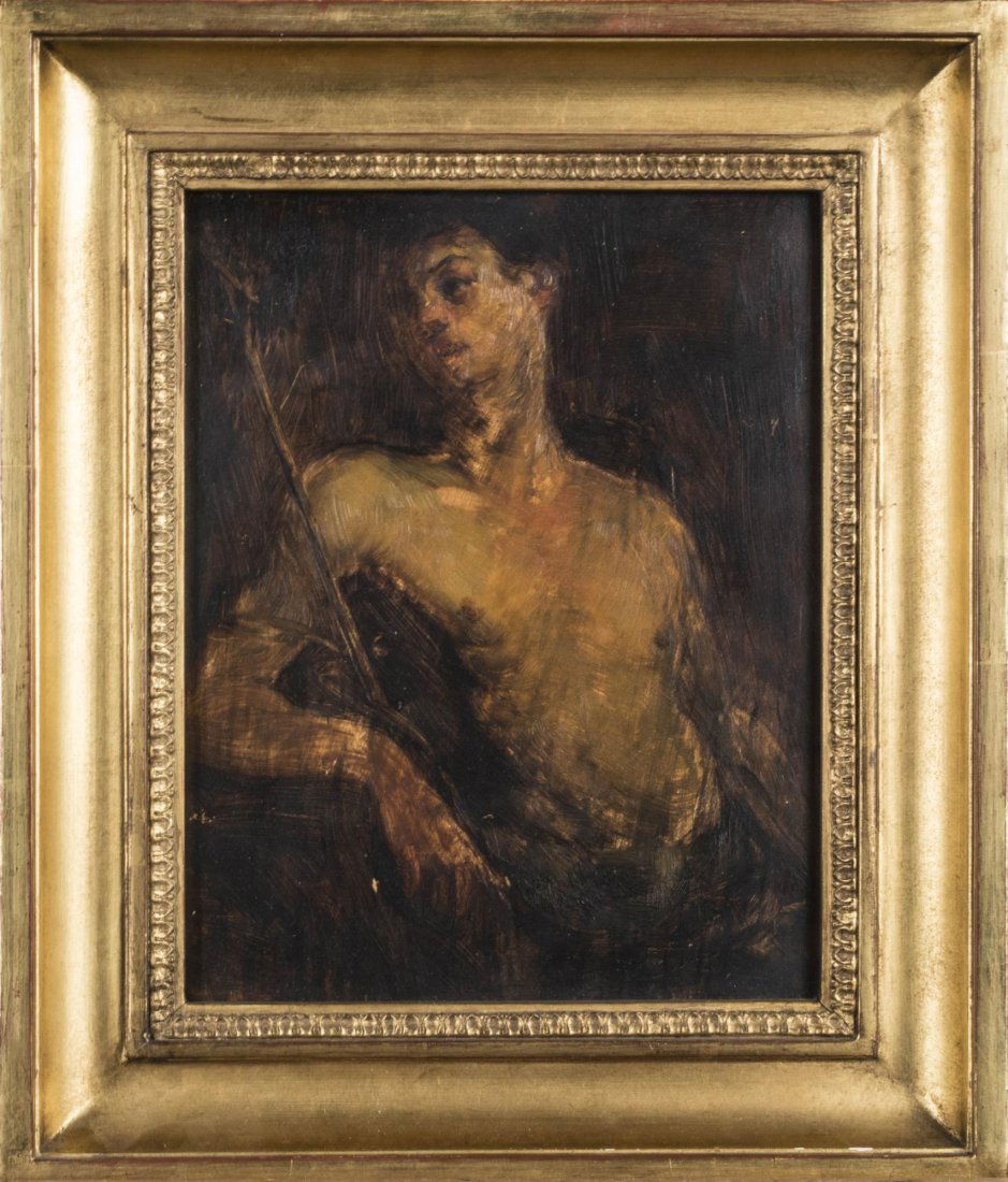 Circle of Thomas Eakins, Portrait of a Man: Man. Oil on board. Signed 'Thos Eakin' on verso with drawing in graphite. Board size 9 x 7 inches, frame size 12 x 10.5 inches. Framed. Notice to bidders: Condition reports and additional photographs