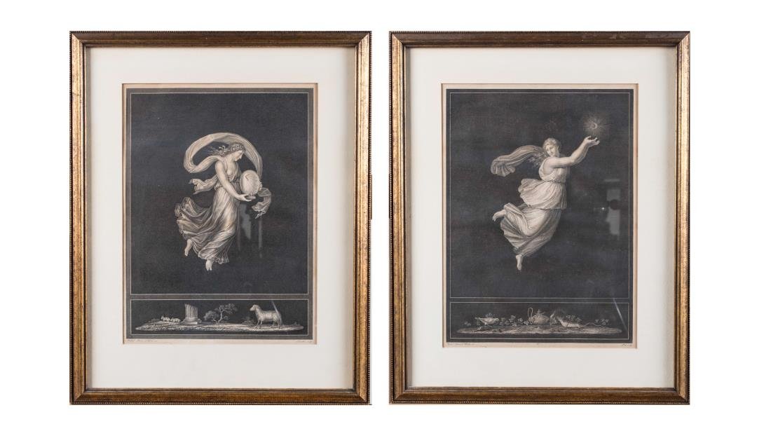 Two 19th Century Engravings After Raphael Sanzio: Two Prints from Hours of Day and Night. Engravings, circa 1806. Both inscribed with 'Raphael d'Ubin Inv.' (LL), one 'Lavallee Sculpt.' and one 'Petite Sculpt.' (LR). Title covered by mat. Sight size 1