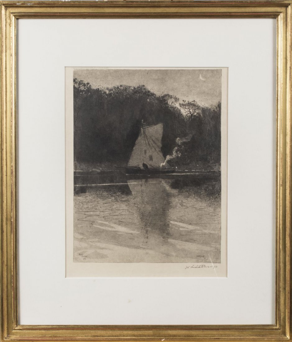 William Langson Lathrop (American 1859-1938): Sailboat on a moonlit river. Etching, 1889. Signed in pencil (LR) and again in plate and dated (LL). Printed by H.B. Snell. Kennedy Gallery, NY and James A. Michener Museum labels on verso. Sight size