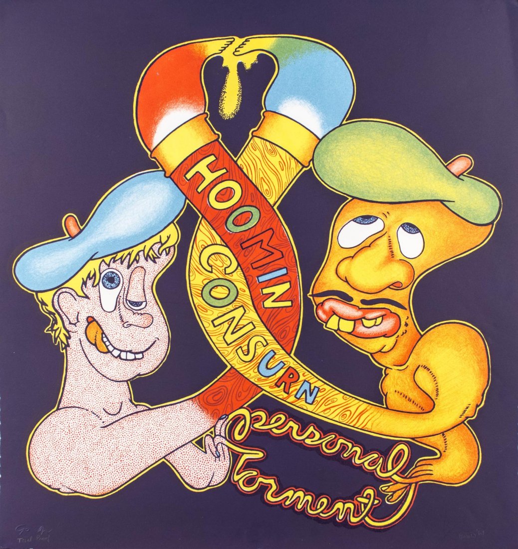 Peter Saul (American, b. 1934): Hoomin Consurn. Lithograph, 1969. Signed and dated (LR), with 'Trial Proof' (LL). Sheet size 18.5 x 19.5 inches. Notice to bidders: Condition reports and additional photographs are provided by request