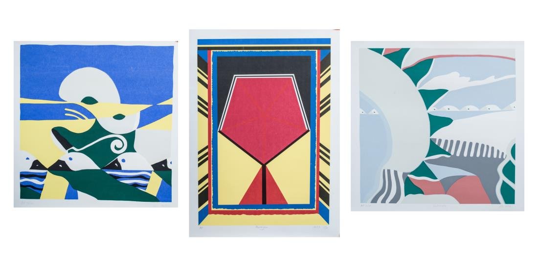 Three Lithographs by John Evans: John Evans (American, b. 1945). Prints titled, Paragon; La Liberte; Untitled. Lithographs, 1970s. Each signed and inscribed AP in lower margin. Largest sheet size 22 x 29 inches. Provenance: The Estat