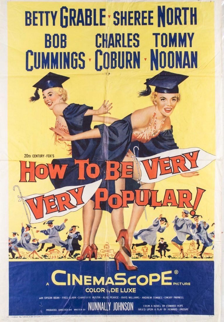 How to Be Very, Very Popular, 1955 Movie Poster: How to be Very Popular, Movie Poster, 1955. Size 39 x 26 inches. Starring Betty Grable, Sheree North, Robert Cummings, Charles Coburn, Tommy Noonan, Orson Bean, Fred Clark, Charlotte Austin, Alice Pea
