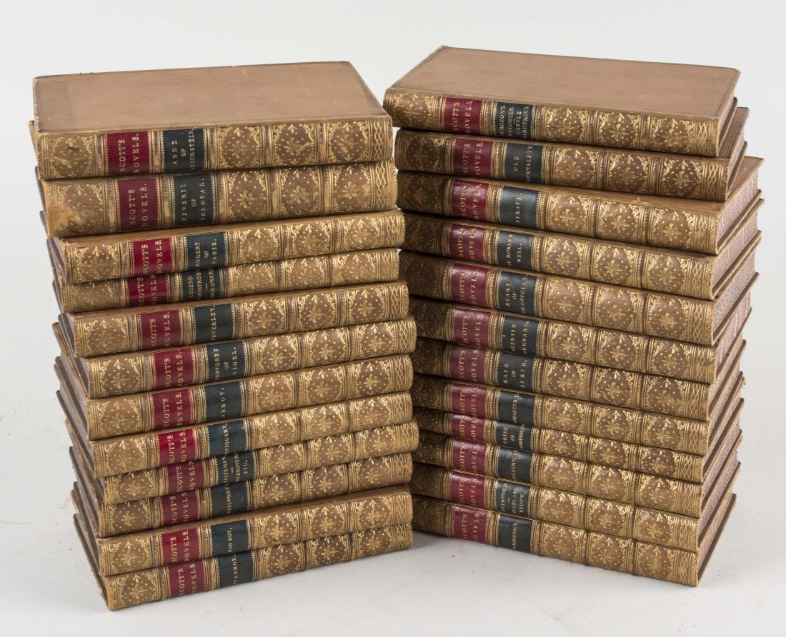 Sir Walter Scott Leather Bound Set: Twenty four volumes, published by Adam and Charles Black, Edinburgh 1862 - 1866, including Ivanhoe, Rob Roy, Kenilworth, The Talisman, etc., each with full leather binding with gilt lettering and marb