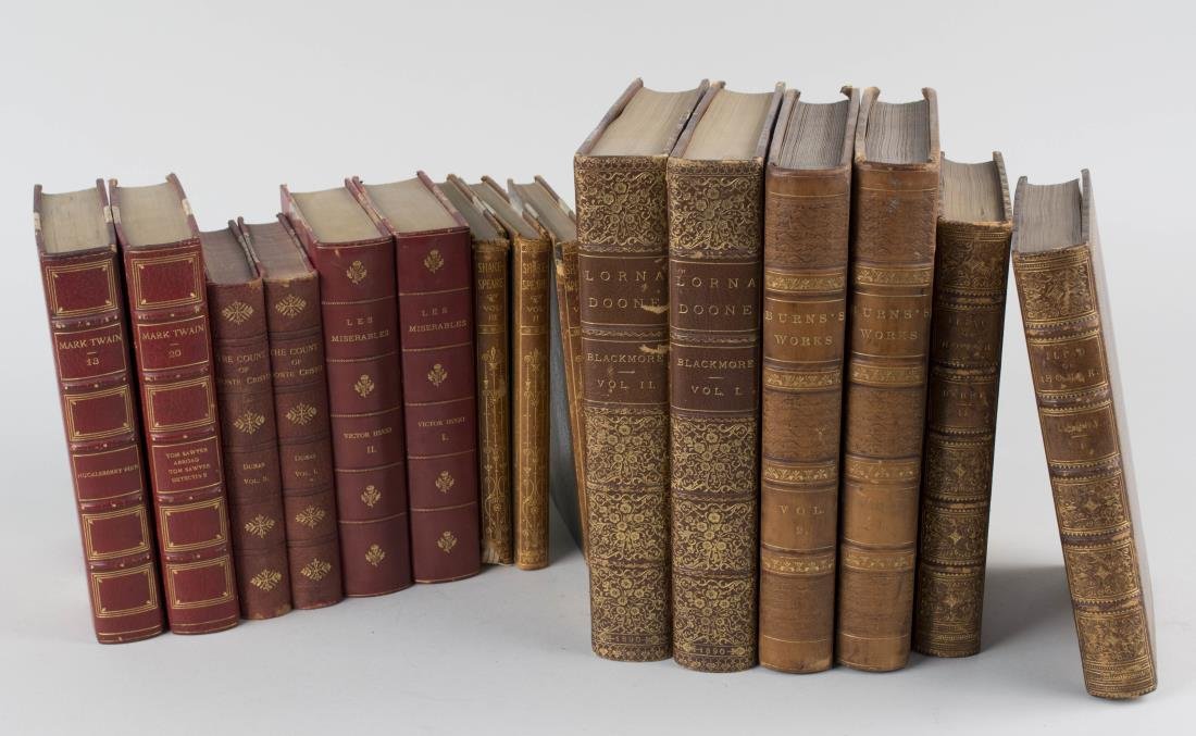 Group of Leather Bound Books: Late 19th/Early 20th century, fifteen books, including the Iliad of Homer, The Works of Robert Burns, Les Miserables by Victor Hugo, The Complete Works of Shakespeare, The Count of Monte Cristo by Ale