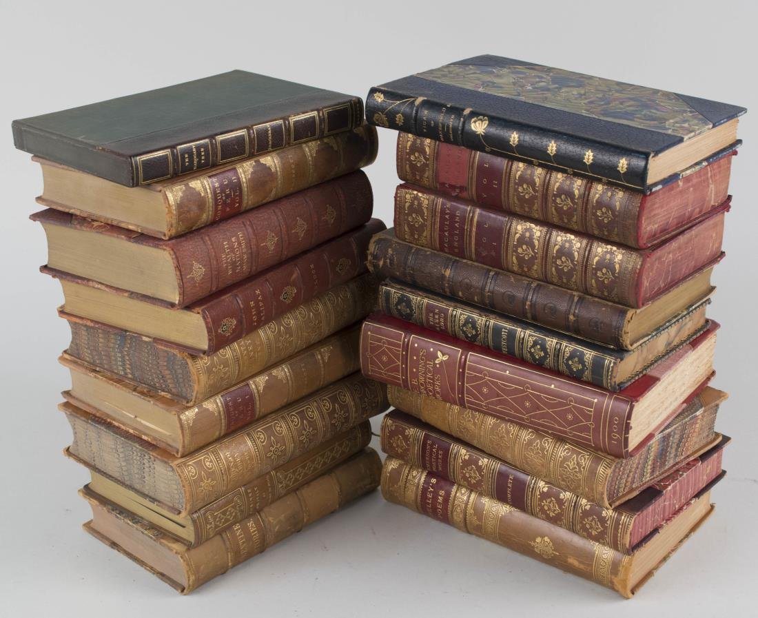 Group of Leather Bound Books: Late 19th/Early 20th century, eighteen books, various authors and subjects, including William Makepeace Thakeray, E.B. Browning, Laurence Stern, Adam Smith, Ralph Waldo Emerson, etc. Notice to bidders