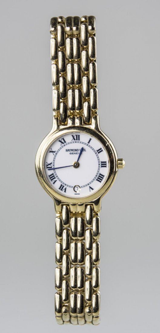 Raymond Weil Gold Electroplated Watch: White dial with Roman numerals and date aperture, gold tone band. Length 7 1/2 inches. Notice to bidders: Condition reports and additional photographs are provided by request as a courtesy to our clie