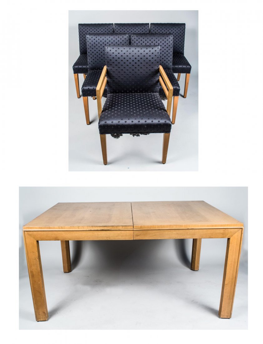 Dining Room Table and Chairs: Height 30 inches, width 60 inches, depth 40 inches. 2 Leaves. Leaf width 14 inches. Provenance: The Estate of Melvin Bernhardt Notice to bidders: Condition reports and additional photographs are provi