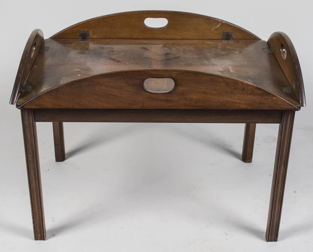 Victorian Style Butler's Tray Coffee Table: Of typical form. Open, height 19 inches, width 39 inches, depth 29 inches. Notice to bidders: Condition reports and additional photographs are provided by request as a courtesy to our clients, as such