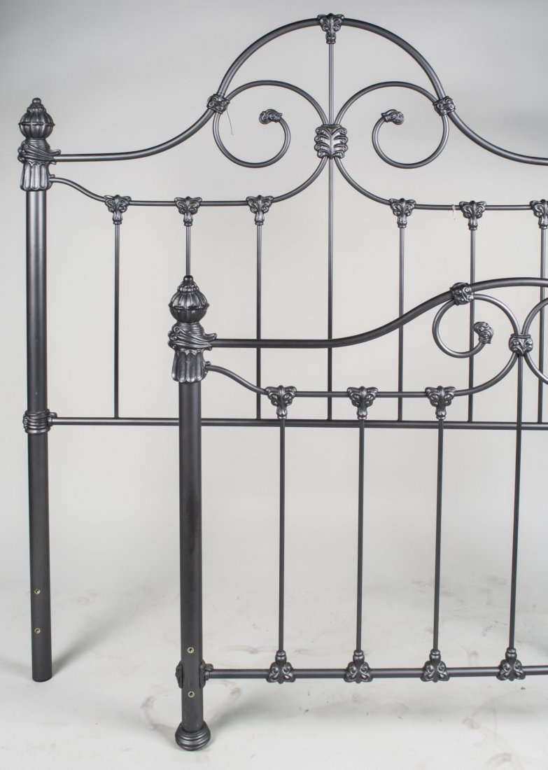 Bed: Full size, scroll decoration. Headboard 65 x 55 inches. Notice to bidders: Condition reports and additional photographs are provided by request as a courtesy to our clients, as such any condition repo