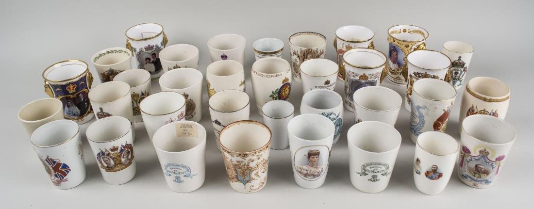 English Royalty Porcelain Commemorative Beakers: Thirty four beakers commemorating English royalty special events including weddings, birthdays, jubilees, etc. Various sizes. Notice to bidders: Condition reports and additional photographs are provid