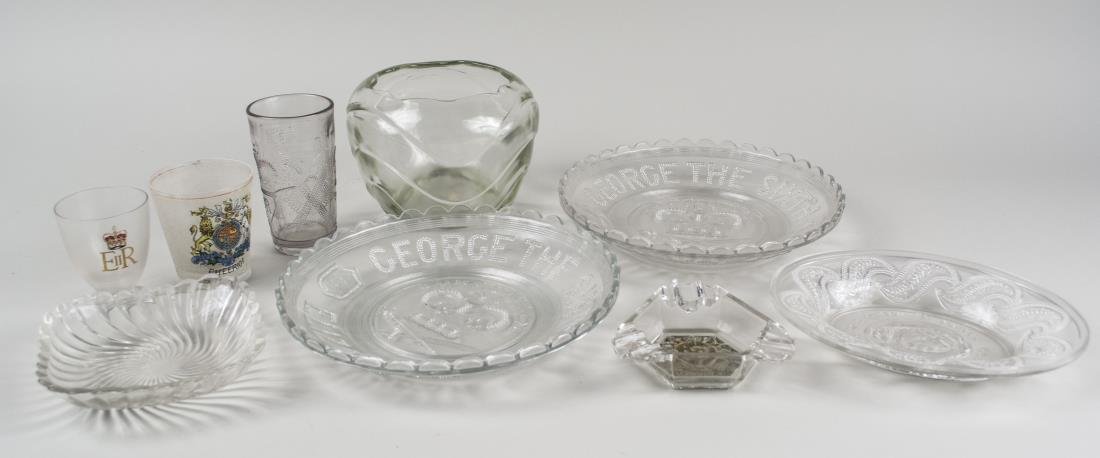 Group of English Commemorative Colorless Glass: Collection of plates, dishes, beakers, etc. commemorating English royalty special events including weddings, birthdays, jubilees, etc. Various sizes. Notice to bidders: Condition reports and additiona