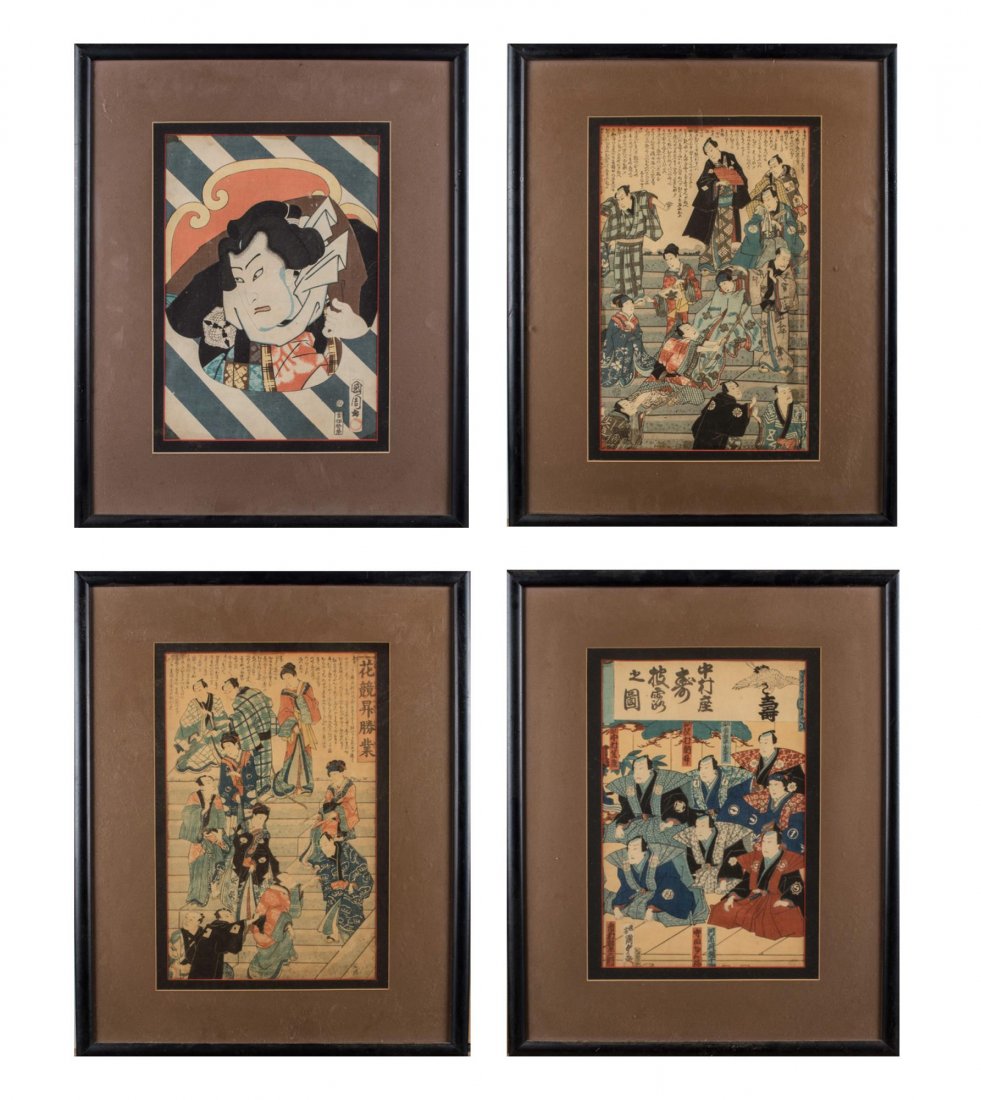 Four Japanese Woodblock Ukiyo-E Prints: Various scenes. Woodblock prints, 19th-20th century. Sight sizes 13 x 9 inches, frame sizes 21 x 17 inches. All matted and framed. Notice to bidders: Condition reports and additional photographs are p
