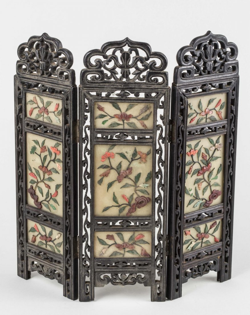 Chinese Table Screen: Three panels, with carved hardstone floral decoration. Height 12 inches, Notice to bidders: Condition reports and additional photographs are provided by request as a courtesy to our clients, as such a