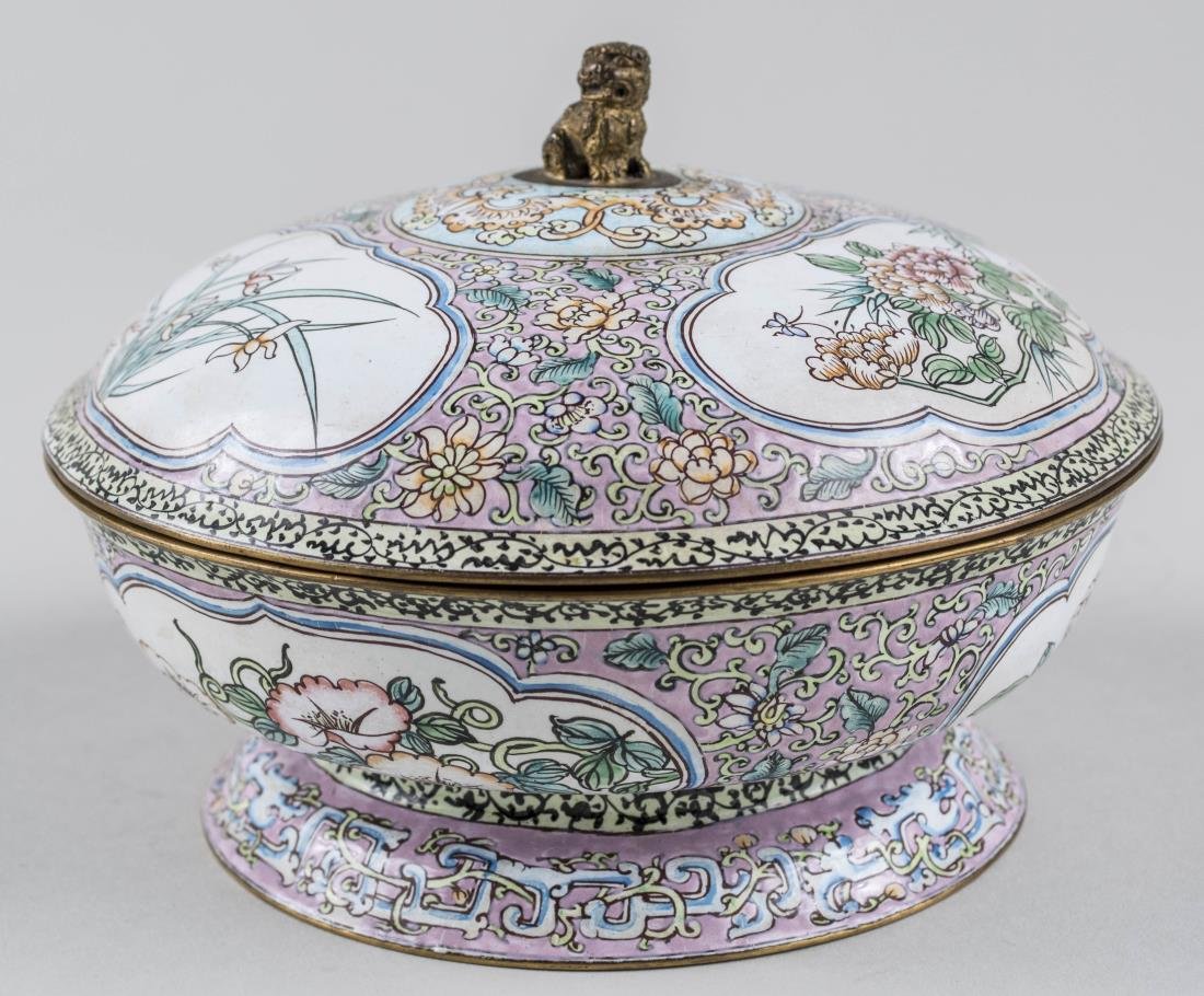 Chinese Canton Enamel Bowl & Cover: Late Qing Dynasty, 19th century, bombe form bowl decorated with scrolling floral patterns on a pink ground with quatrefoil panels filled with flowers, domed cover with Buddhist lion dog. Height 4 1/2 