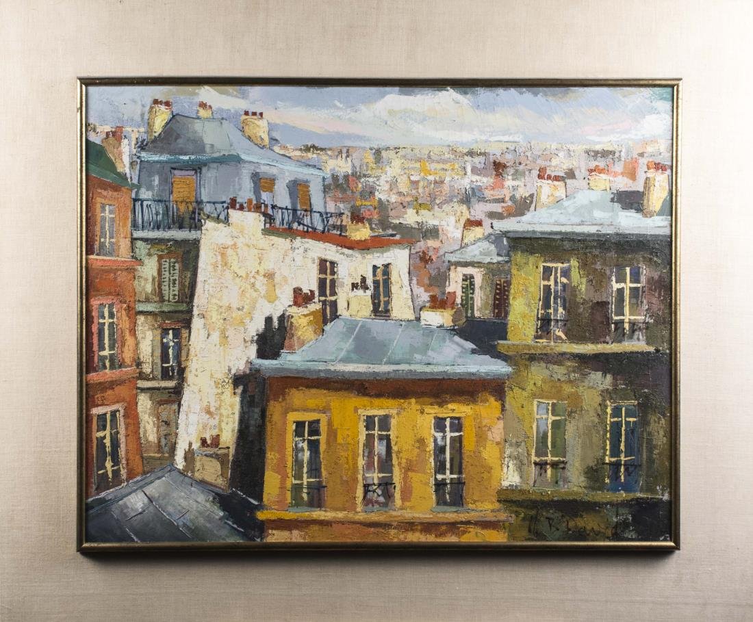 H. B. David, Painting of a Town: Houses in a Town. Oil on canvas, 20th century. Signed (LR). Canvas size 29 x 39 inches. Framed. Notice to bidders: Condition reports and additional photographs are provided by request as a courtesy to
