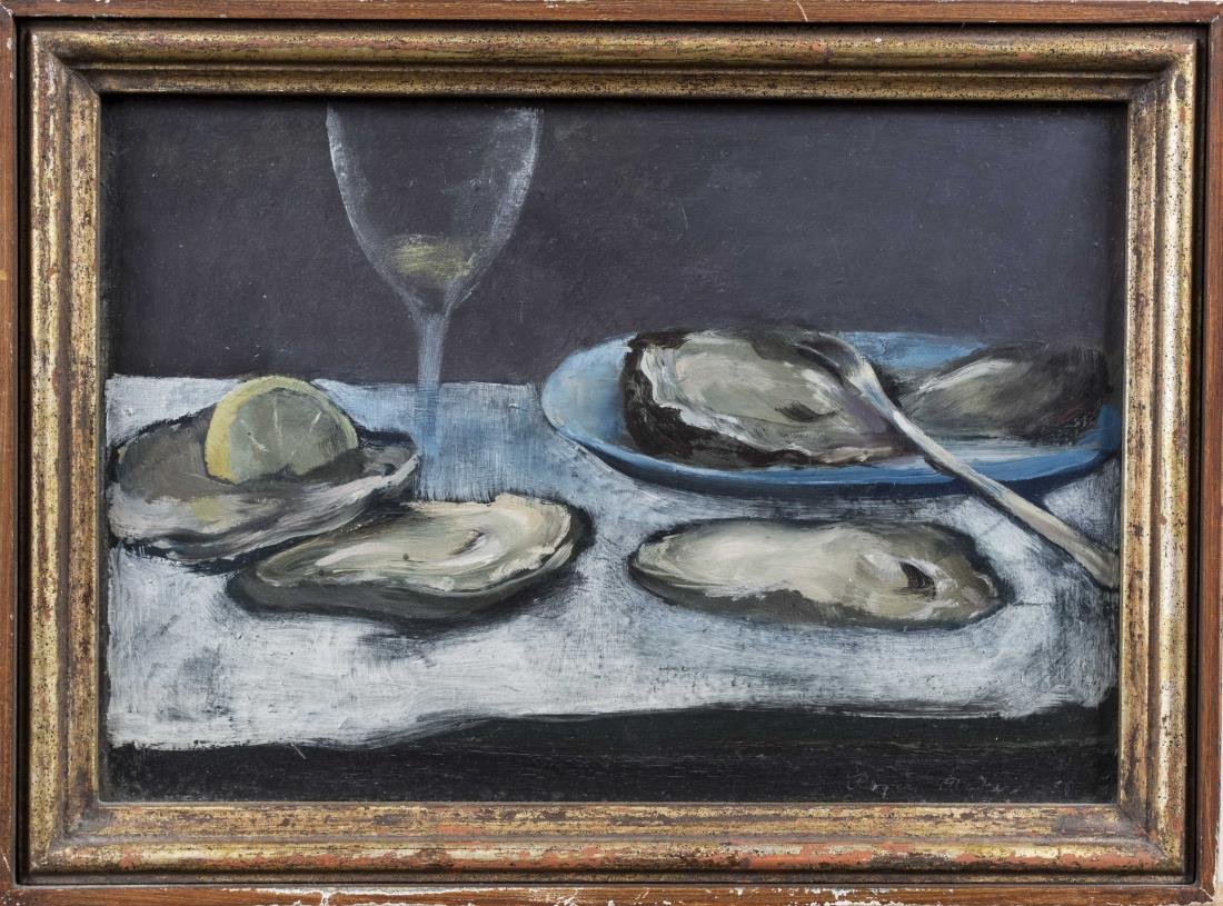Roger Baker (American, 20th Century): Homage to Manet (Oysters). Oil on board, 1958. Signed, dated and titled on the verso. Board size 7.5 x 11 inches, frame size 9 x 12 inches. Framed. Notice to bidders: Condition reports and additional 