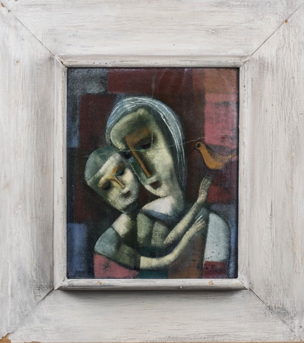 Polia Pillin (American, 1909-1992): Mother and Daughter. Ceramic tile. Signed (LR). Sight size 13.5 x 11 inches, frame size 23 x 20.5 inches. Framed. Notice to bidders: Condition reports and additional photographs are provided by reques