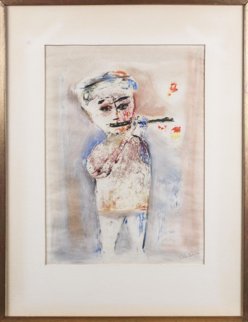 Polia Pillin (American, 1909-1992): Boy with Flute. Acrylic and gouache on paper. Signed (LR). Sight size 16.5 x 12 inches, frame size 24 x 19 inches. Framed. Notice to bidders: Condition reports and additional photographs are provided 