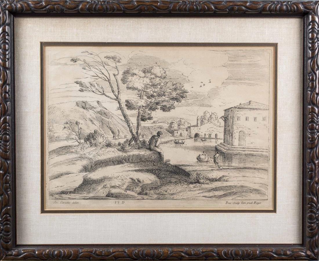 Italian Etching After Annibale Carracci: Landscape with a woman sitting next to a tree in the foreground and a canal behind. Etching. 'An Carache Delin 17D Penie Sculp Cum Privil Regis' printed to bottom of engraving. Plate size 16 x 11 inch