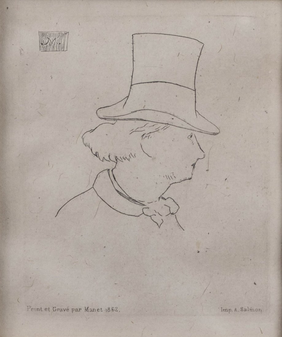 Edouard Manet (French, 1832-1883): Charles Baudelaire in Profile. Etching, circa 1888. Lettering `Peint et grave par Manet 1862` (LR) and `Imp. A.Salmon` (LR). Manet's monogram (UL). Plate size 4 x 3.25 inches, frame size 14 x 13 inche