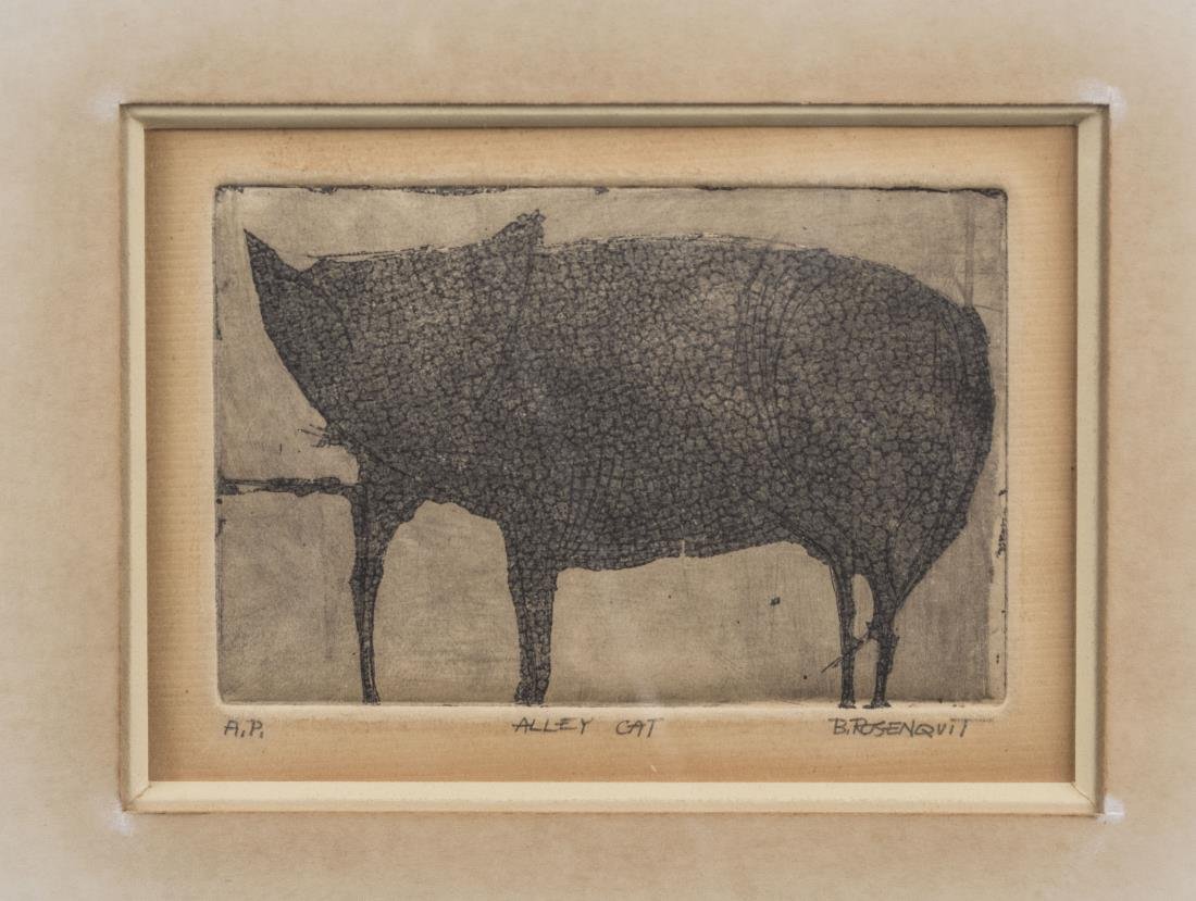 Bernard Rosenquit (American,1923-1991): Alley Cat. Etching. Signed, titled and inscribed AP in lower margin. Overall size 12 x 11.75 inches. Matted and framed. Provenance: Warren Means Trust Notice to bidders: Condition reports and addition