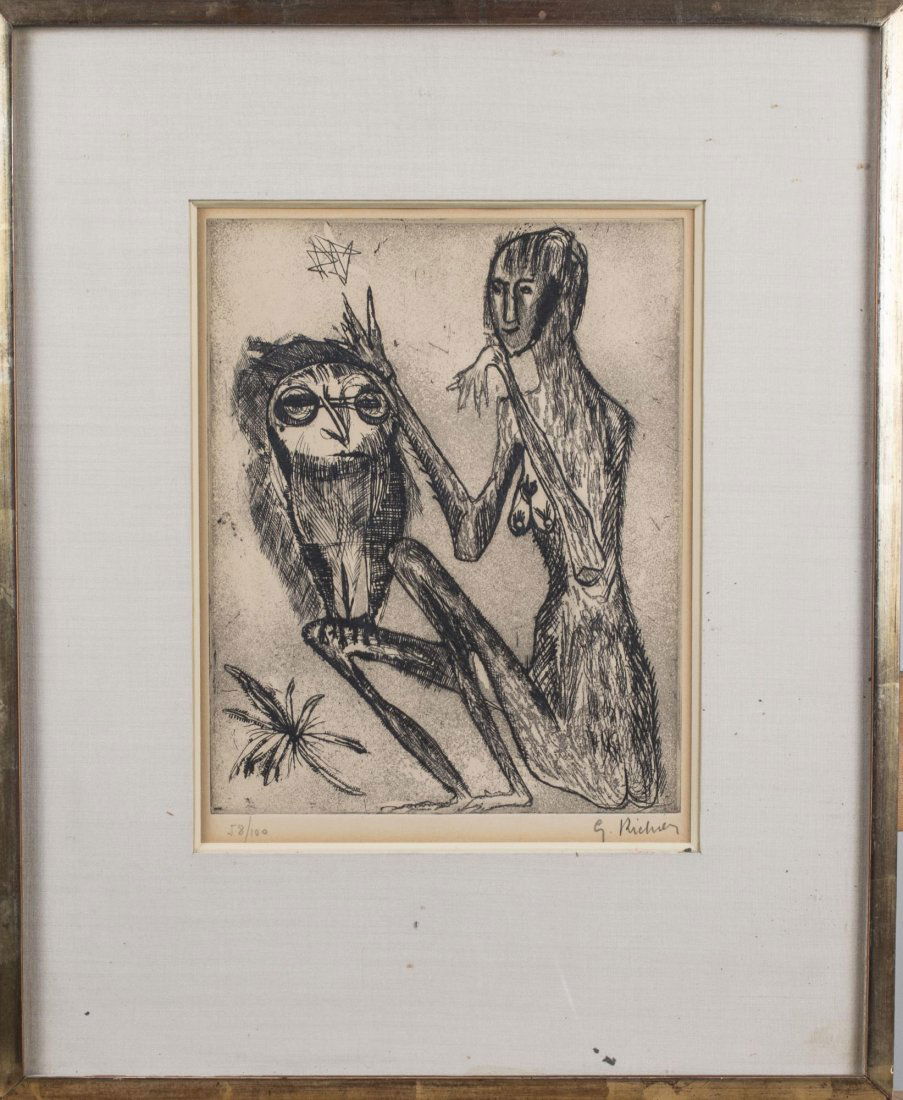 Germaine Richier (French, 1904-1959): La Sauterelle et le Hibou. Etching, circa 1955. Signed (LR), and numbered 58/100 (LL). Sight size 10.5 x 8 inches, frame size 18 x 15 inches. Framed. Provenance: Warren Means Trust Notice to bidders: