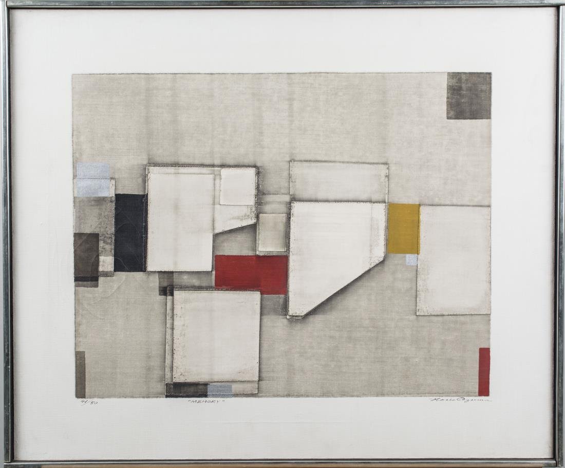 Norio Azuma (Japanese, 1928-2004): Memory. Serigraph on canvas. Signed (LR) and numbered 41/50 (LL). Canvas size 20 x 23 inches. Framed. Notice to bidders: Condition reports and additional photographs are provided by request as a court