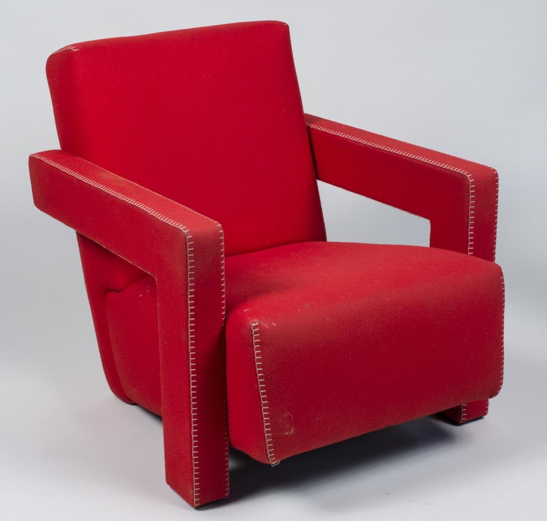 Cassina 637 Utrecht Armchair: Designed by Gerrit Thomas Rietveld (Dutch, 1888-1964), with red fabric upholstery with off white stitching. Height 28 inches, width 25 inches, depth 35 inches. Notice to bidders: Condition reports and