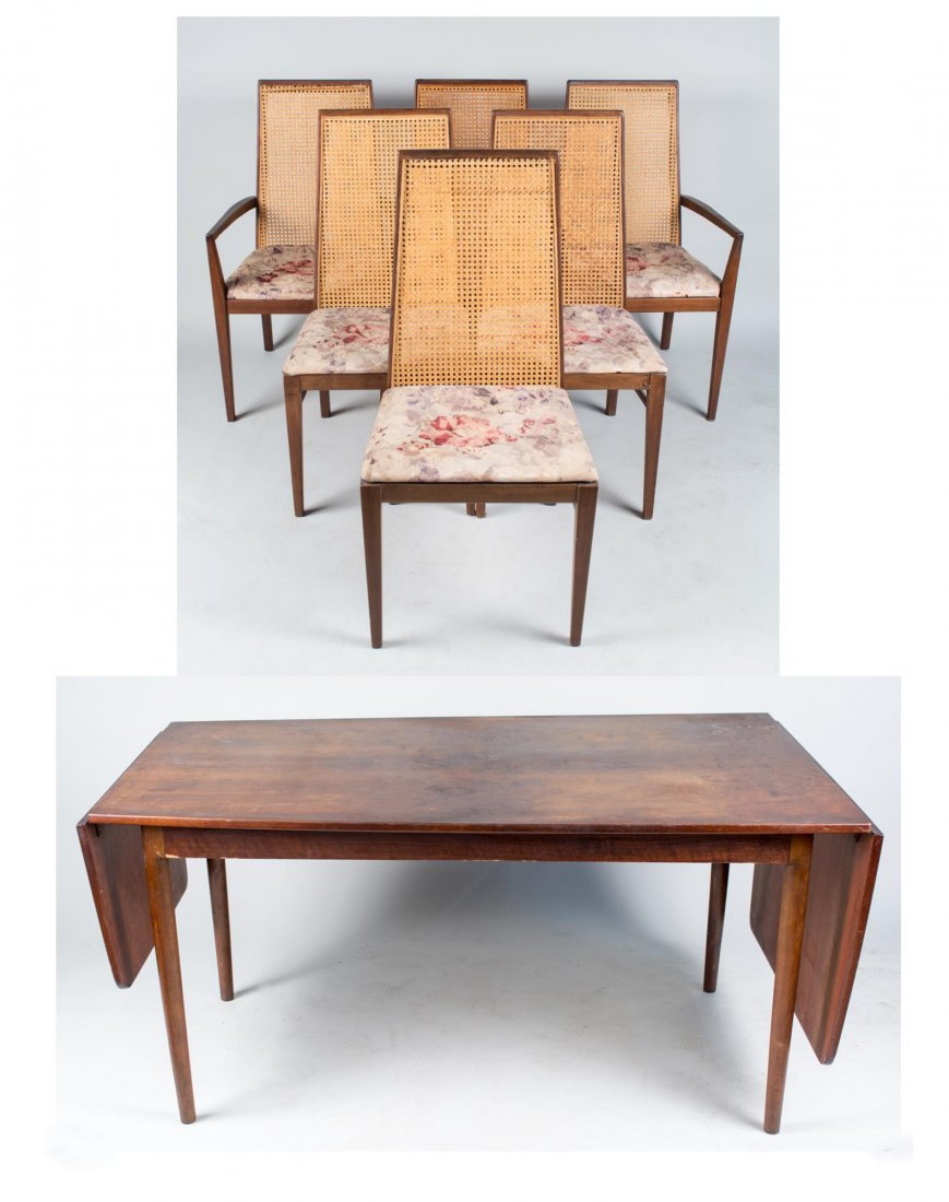 Danish Modern Dining Table and Chairs: Rectangular top with two drop leaves, on tapered turned legs, together with a set of six Danish Modern style chairs including two armchairs and four side chairs. Closed table height 29 inches, width 6