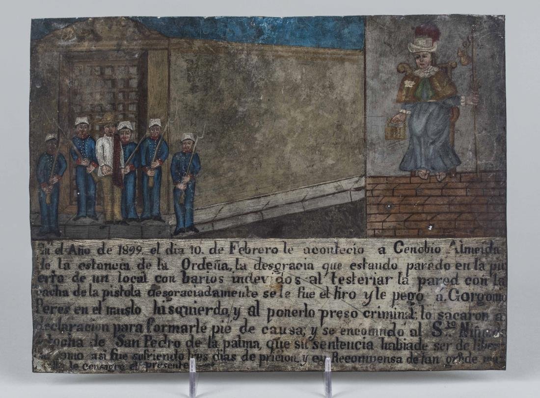 Mexican Retablo Painting: 19th century, devotional folk art painting on tin, with historical or religious significance.. 8 1/2 x 11 1/2 inches. Provenance: Warren Means Trust Notice to bidders: Condition reports and additional