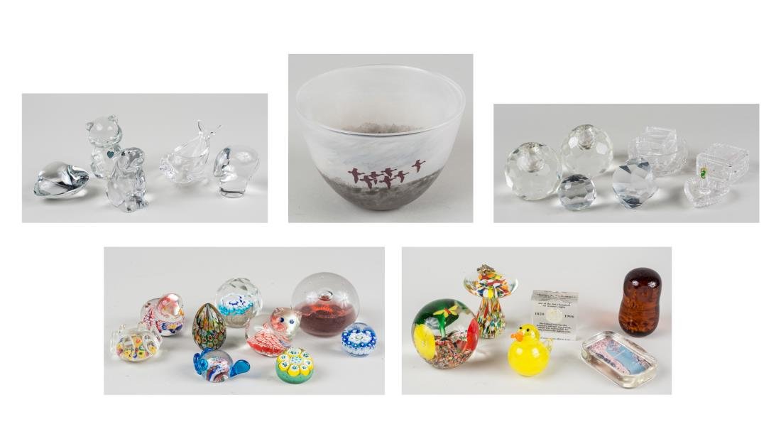 Group of Glass Table Decorations: Including Baccarat bunny rabbit and heart shaped desk paperweight, together with a Dolphin shaped dish and a Spode colorless glass mouse; paperweight collection, Art Glass bowl, etc. Rabbit, height 3 