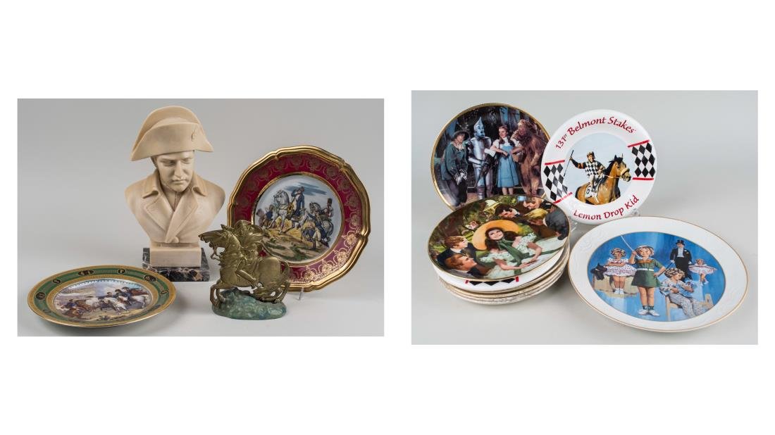 Napoleonic Articles and Collector's Plates: Including a brass bookend, two cabinet plates and a composition bust of Napoleon, the largest plate, diameter 10 1/2 inches; together with collector plates of various subjects including The Wizard of 