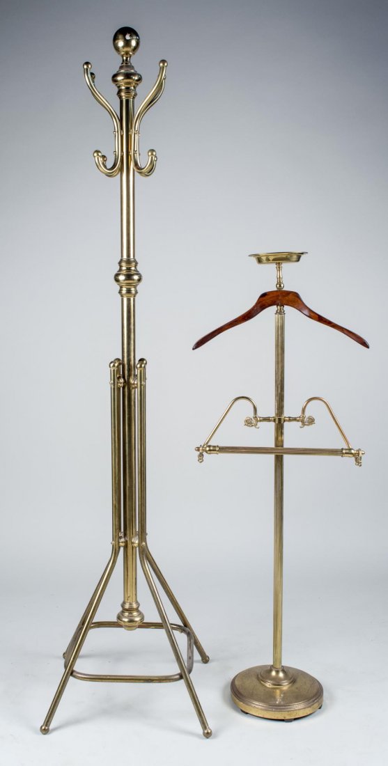 Brass Coat Rack and Valet: Each of typical form. Coat rack, height 6 feet. Notice to bidders: Condition reports and additional photographs are provided by request as a courtesy to our clients, as such any condition report is on