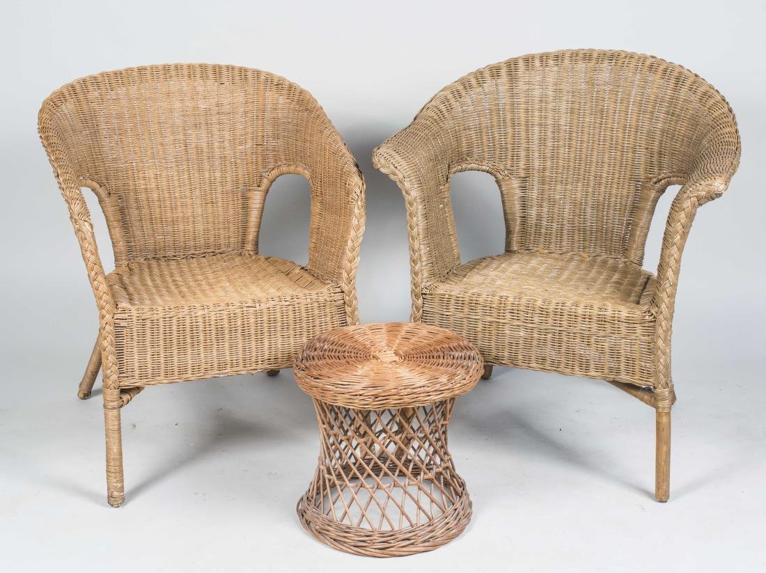 Two Wicker Chairs and Stool: Two tub back chairs with an associated low table / stool. Chairs, height 34 inches, width 29 inches, depth 24 inches. Provenance: Warren Means Trust Notice to bidders: Condition reports and additional