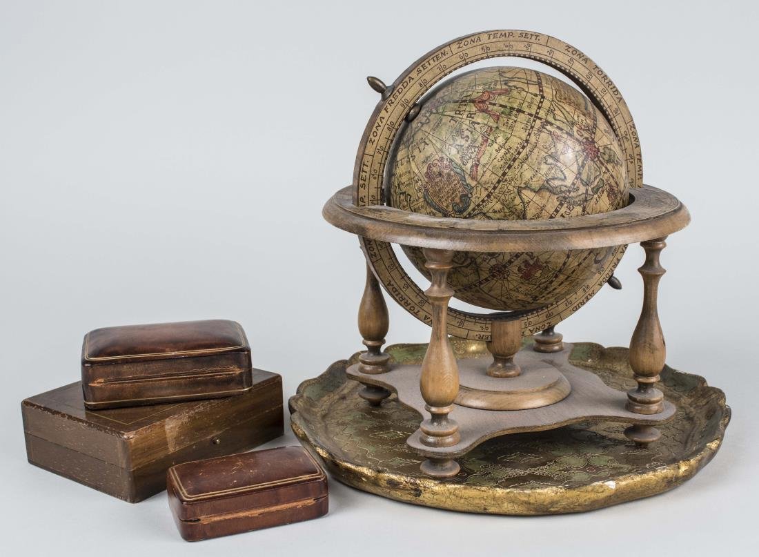 Group of Desk Accessories: Two small leather boxes, tabletop world globe, gilt wood tray, etc. Height 10 1/2 inches. Notice to bidders: Condition reports and additional photographs are provided by request as a courtesy to our c