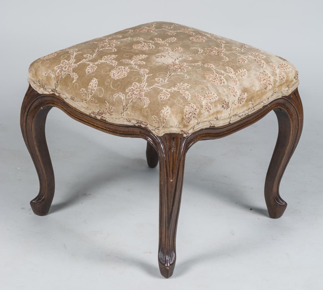 Louis XV Style Mahogany Footstool: Upholstered top on cabriole legs. Height 17 inches, 19 inches square, Provenance: Warren Means Trust Notice to bidders: Condition reports and additional photographs are provided by request as a courte