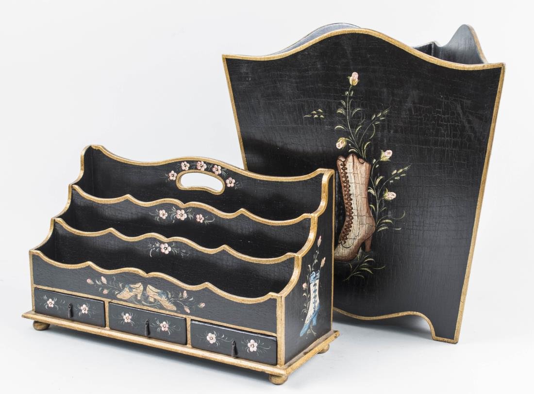 Black Painted Desk Accessories: Comprising a letter rack and a waste paper basket, decorated with vintage shoes. Waster paper basket, height 15 inches. Notice to bidders: Condition reports and additional photographs are provided by