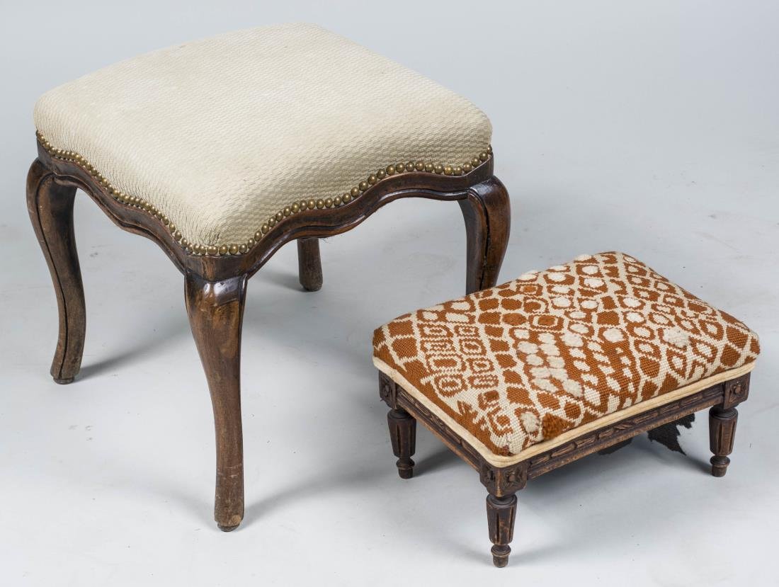 Two French Footstools: Louis XV style and Louis XVI style. Larger height 16 inches, width 16 inches, depth 15 inches. Notice to bidders: Condition reports and additional photographs are provided by request as a courtesy to 