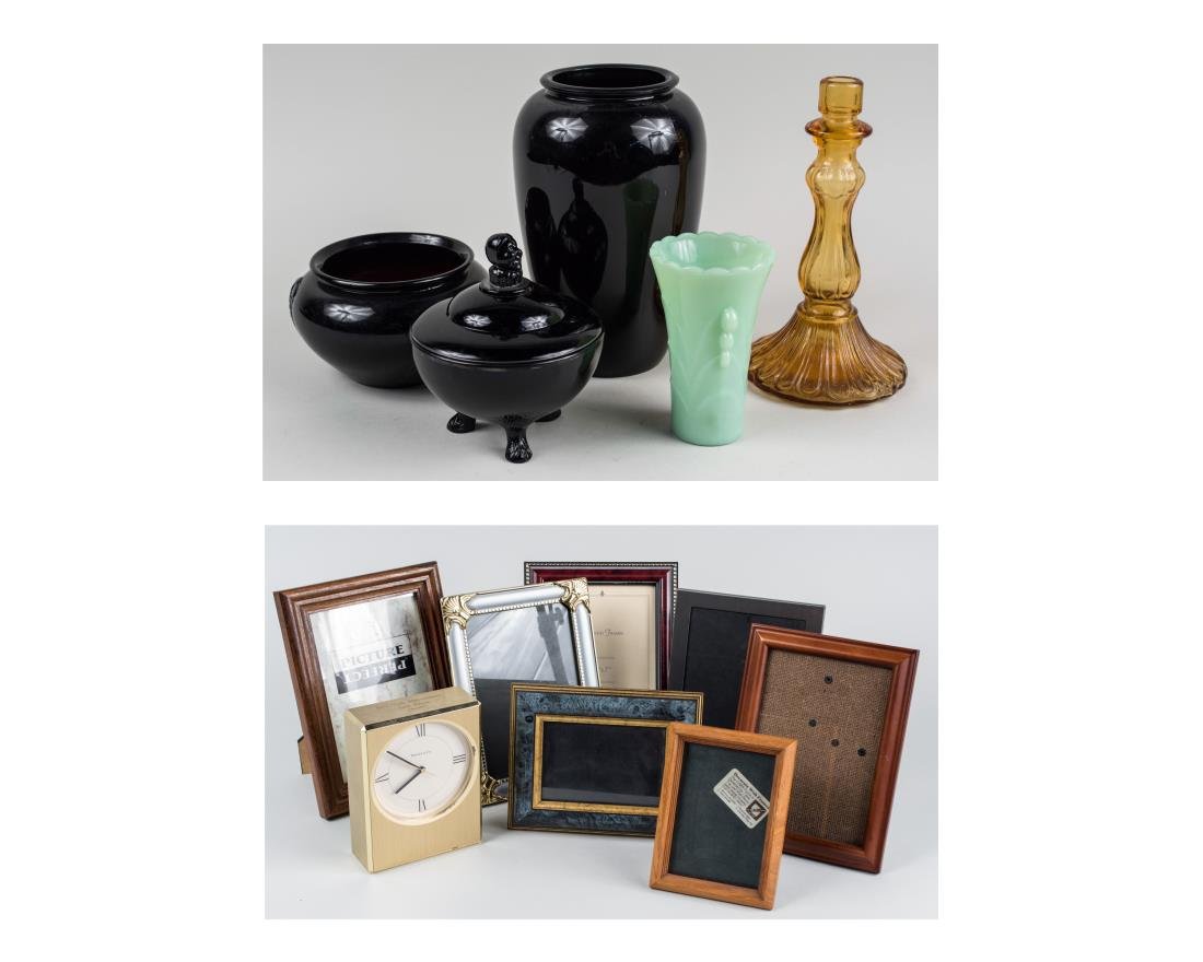 Group of Desktop Articles and Glass Decorations: Including a Tiffany clock and seven picture frames. Clock height 6 inches. Notice to bidders: Condition reports and additional photographs are provided by request as a courtesy to our clients, as such