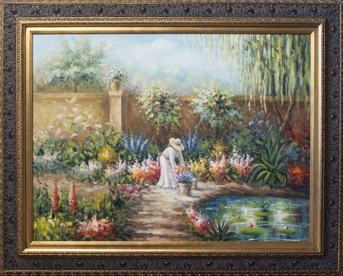 Painting of a Lady in a Garden: Oil on canvas. Signed L. Ross (LR). 30 x 40 inches, framed. Notice to bidders: Condition reports and additional photographs are provided by request as a courtesy to our clients, as such any condition 