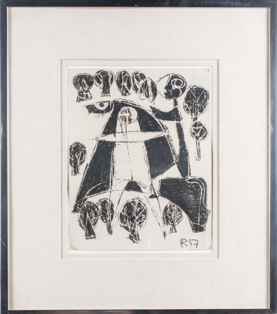 Leopoldo Richter (German/Columbian, 1896-1984): Abstract Figures. Charcoal on paper, 1957. Signed 'LR' and dated (LR). Sheet size 13.75 x 10.5 inches, frame size 24 x 21 inches. Framed. Provenance: Property from a Local Estate Notice to bidders: Co