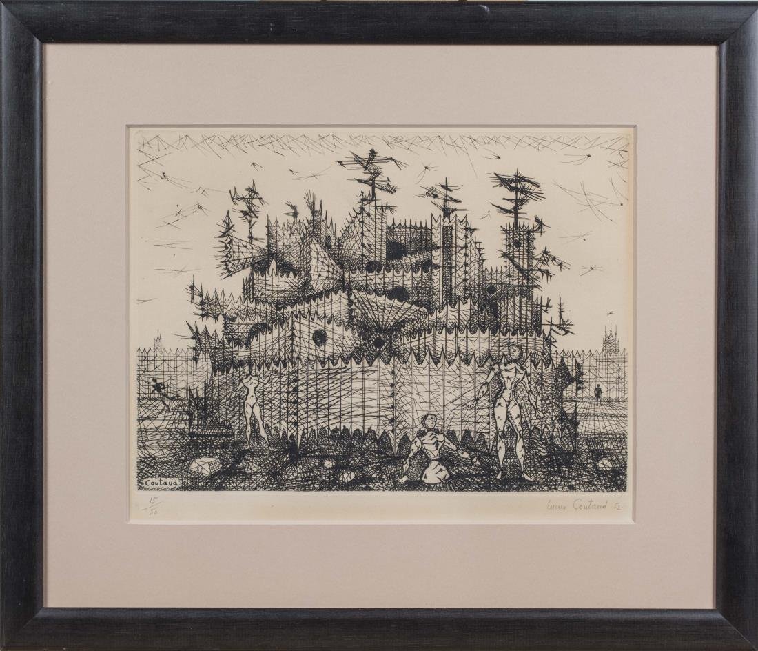 Lucien Coutaud (French, 1904 -1977): Movement in the Month. Etching, 1952. Signed and dated (LR), and numbered 15/50 (LL). Plate size 7.25 x 9.75 inches, frame size 13.5 x 15.5 inches. Framed. Provenance: Warren Means Trust Notice to bid