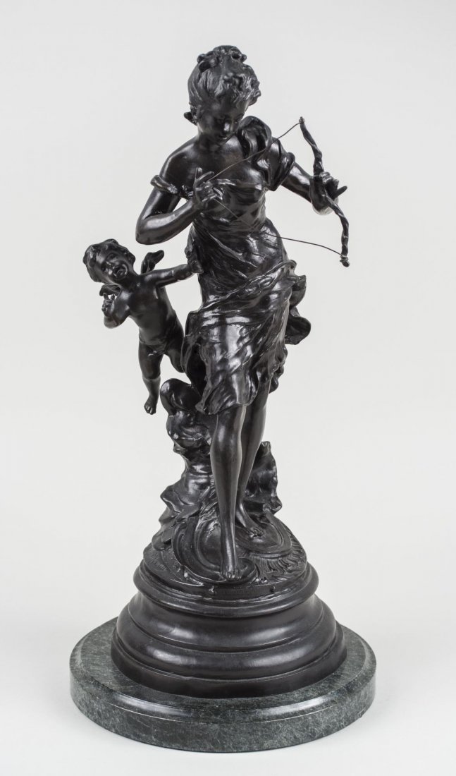 After Auguste Moreau (French, 1834-1917): Cupid and Psyche. Patinated bronze. Signed 'Aug. Moreau.' Height 19 inches, with base 21 inches. Granite base. Notice to bidders: Condition reports and additional photographs are provided by request a