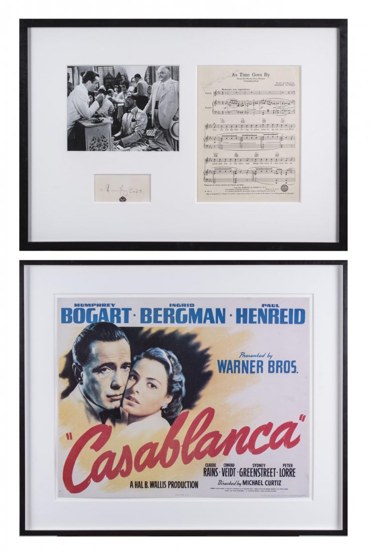 Casablanca Movie Memorabilia: Comprising a poster depicting Humphrey Bogart and Ingrid Bergman, together with a production photo, Dooley Wilson signed sheet music and Humphrey Bogart signature, framed together. Notice to bidders: 