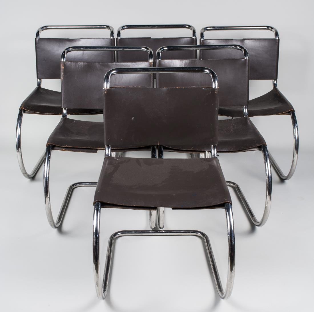 Set of Six Knoll MR Side Chairs: Black leather upholstery. Height 32 inches, width 19 1/2 inches, depth 25 inches. Notice to bidders: Condition reports and additional photographs are provided by request as a courtesy to our clients, 
