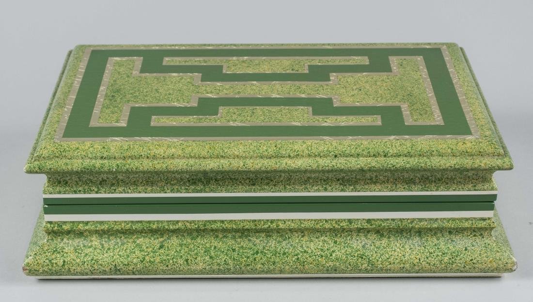Karl Springer Green Lacquer Box *: Rectangular lift top box with green suede interior. Height 5 inches, width 16 inches, depth 10 1/4 inches. Notice to bidders: Condition reports and additional photographs are provided by request as a