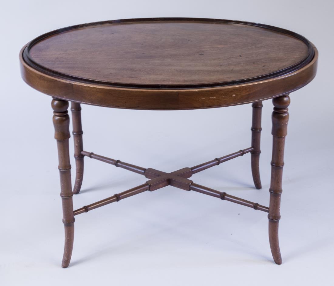 Victorian Mahogany Oval Tray Table: Mid 19th century, on a later faux bamboo frame with legs joined by an X stretcher. Height Notice to bidders: Condition reports and additional photographs are provided by request as a courtesy to our c