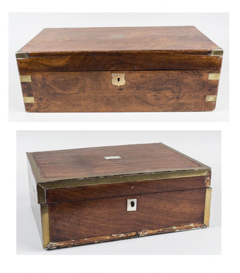 Victorian Lap Desk and Brass Bound Storage Box: Early 20th century, rectangular with brass edge and mother of pearl escutcheon. Height 4 1/2 inches, width 12 inches, depth 9 inches, and a 19th century lap desk, with brass corners and escutcheon, fi