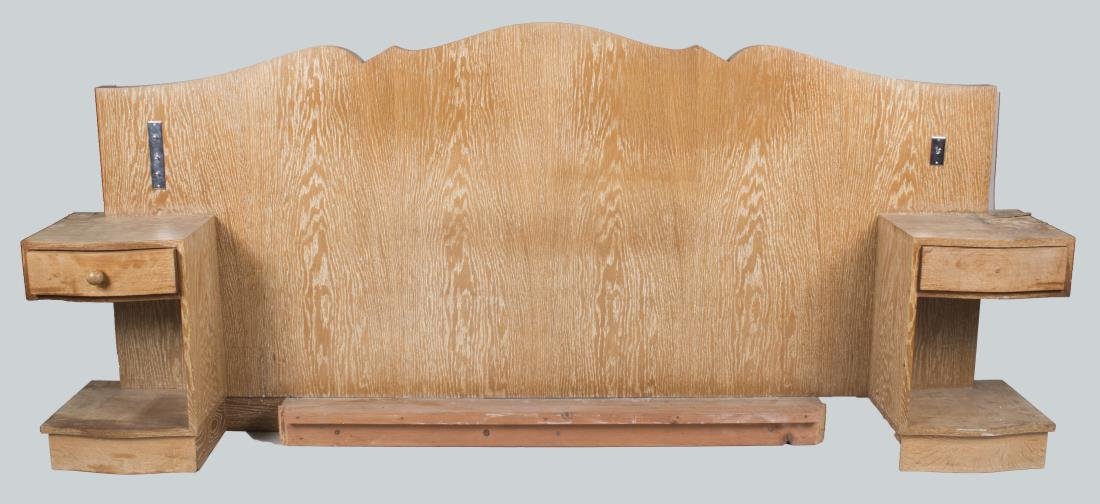 Cerused Oak Headboard: Arched top with built in night stands on each side. Height 42 inches, width 7 feet 11 inches, depth 13 inches. Notice to bidders: Condition reports and additional photographs are provided by request a