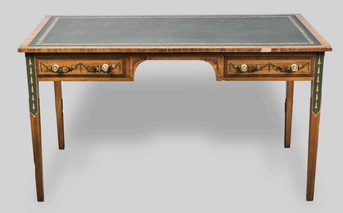Edwardian Style Mahogany Writing Table: Green leather inset rectangular top over two short drawers with polychrome painted floral swag decoration, tapered square legs. Height 39 1/4 inches, width 54 inches, depth 28 inches. Notice to bidder